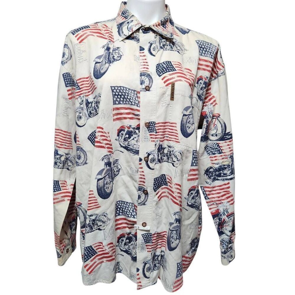 North River Outfitters button front long sleeve shirt flag motorcycle Large‎